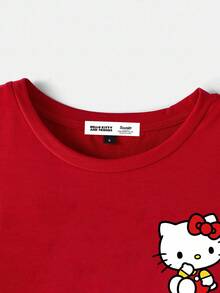 HELLO KITTY AND FRIENDS | SHEIN Áo thun nữ tay ngắn cổ tròn in họa tiết hoạt hình màu đỏ thoải mái, phù hợp cho mùa hè - Đỏ - Xem 4