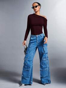 SHEIN BAE 女士纯色褶皱不对称肩长袖连体衣 - 紫紅色 - 查看 5