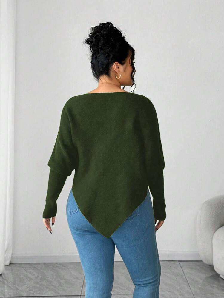 Elenzga Suéter holgado de manga larga casual para mujer de talla grande, jersey holgado favorecedora de talla grande para otoño/invierno - Verde militar - Añade 2