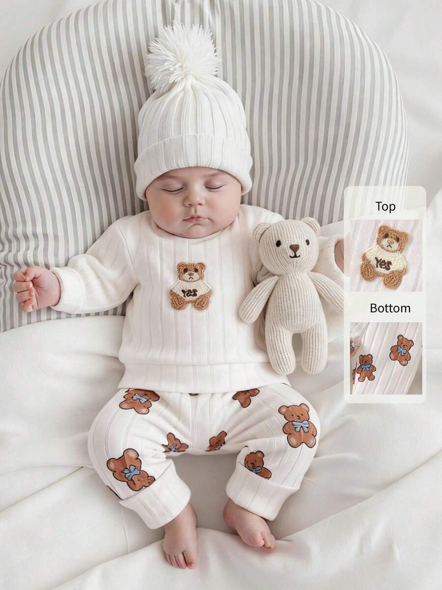 Newborn Apricot-Colored Bear Figurine Printed Long-Sleeved Top Matched With Printed Pants, 2 Pieces Set. New Autumn Style. Comfortable Fabric, Cute And Casual Style. Boys And Girls Can Wear It - Apricot - View 1