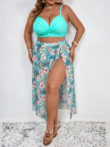 SHEIN CURVE+ Bộ đồ bơi bikini 2 mảnh in họa tiết váy lưới cỡ lớn dành cho nữ - Màu xanh bạc hà - Xem 3