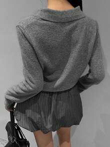 DAZY 舒适高档翻领秋冬优雅短款高领毛衣（女款） - 灰色 - 查看 2