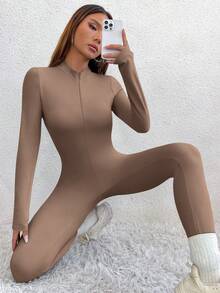 SHEIN PETITE 女款摩卡棕布料連身衣 短版 立領拉鍊設計 小碼女款 - 摩卡棕 - 查看 5