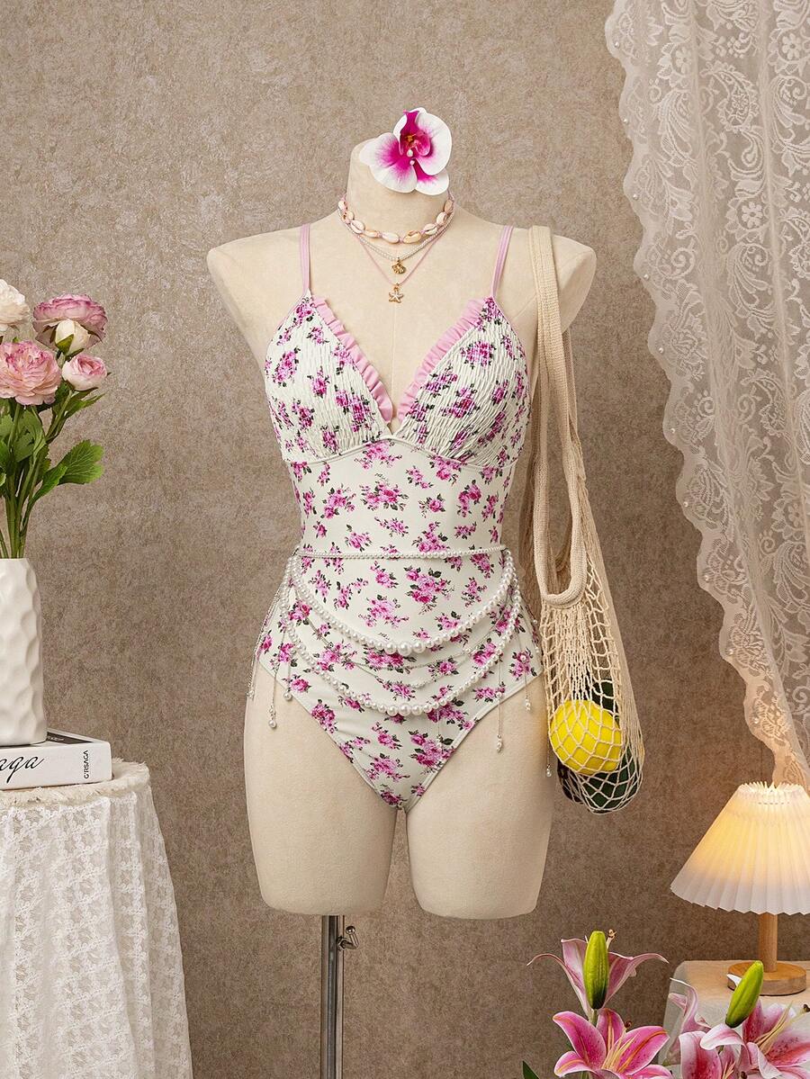 Bellisia 女士夏季沙滩时尚浪漫通勤甜美年轻户外阳光休闲度假基本款百搭碎花荷叶边肩带露背褶皱荷叶边撞色拼接修身沙滩泳衣连体衣（随机印花） - 彩色 - 查看 1