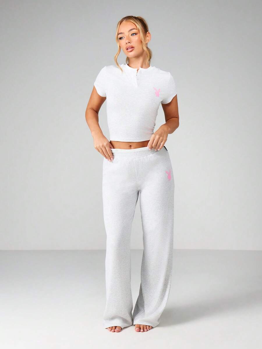 Missguided x Playboy Ribbed Short Sleeve Henley Top With Wide Leg Trouser Two Piece Lounge Set Comfort Pajama Coordinating Outfit - Light Grey - View 1