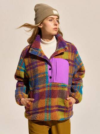 Exploreva Chaqueta de forro polar a cuadros para mujer, cálida para otoño/invierno