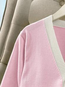 SHEIN LUNE New Slim Fit Stylish Color Block V-Neck Cardigan For Women, Chic & Versatile, Spring/Autumn - Dusty Pink - View 5