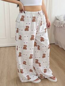 CovetEZ Quần ống rộng buộc eo họa tiết gấu và kẻ caro cỡ lớn cho nữ - Màu be - Xem 3