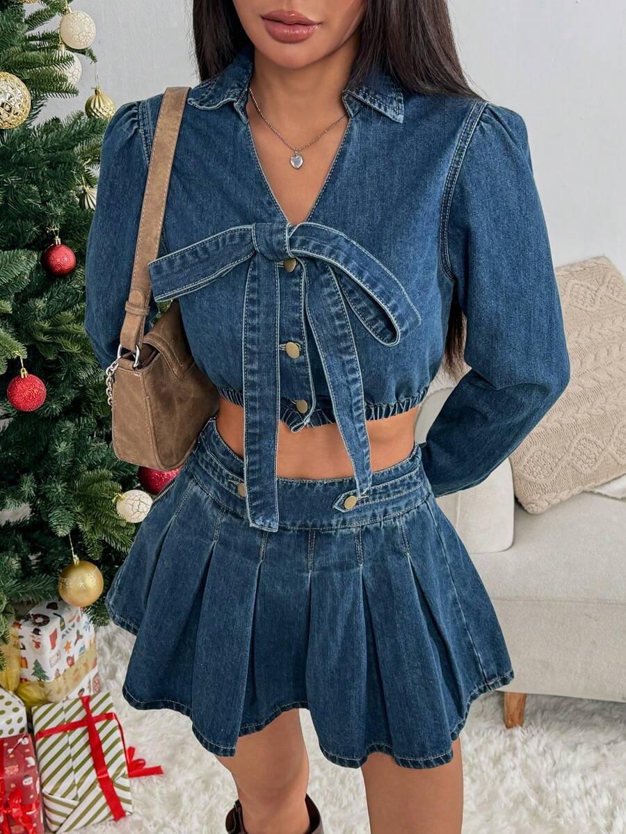 Rivivi 女士长袖蝴蝶结衬衫和休闲百搭褶裥牛仔裙套装 - 深色水洗藍 - 查看 1