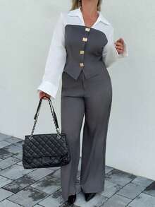 Jeta Ari Casual And Elegant Apricot Imitation Linen Patchwork Shirt And Loose Straight Suit Pants Two Pieces Suit For Women / Fall Women Clothes / Commuting Wear / Teacher Clothing / Back To School Season / Old Money / Business Casual Woman / Office Attire For Women - Grey - View 3