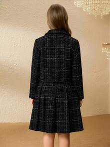 Tween Girl Front Button Long Sleeve Jacket And Skirt Elegant Set Girls Black Plaid Skirt Suit Tweed Skirt Set For Girls Kids Jacket And Skirt Outfit Girls Matching Jacket Skirt Girls Tweed Two Piece Set - Black - View 2