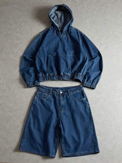 Manfinity ZONE917 男士长袖连帽牛仔上衣和牛仔裤套装