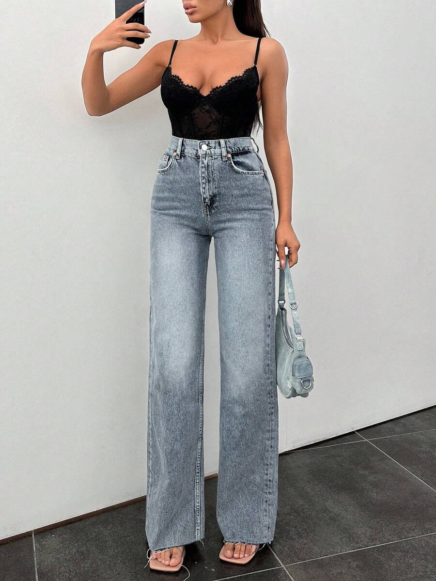 EURMUSE Jeans de pierna recta con dobladillo crudo 100% algodón - Azul lavado medio - Ver 1