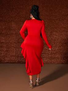 Maweii Vestido elegante ajustado con cuello cuadrado, mangas abullonadas, parches de encaje y volantes en el bajo para mujeres de talla grande - Rojo - Ver 6