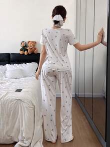 Dream Adore Women's Soft & Comfortable Pajama Set With Lace Trim, Bow Print, And Asymmetrical Design Lingerie Pajamas Set Sleep Wear Women Sets Sleepwear 3 Pieces Summer Sleep Wear Sets Pajamas Set For Woman - Beige - View 2