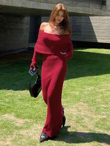 DAZY Women's Off-Shoulder Wrap Maxi Sweater Dress - Red - View 5