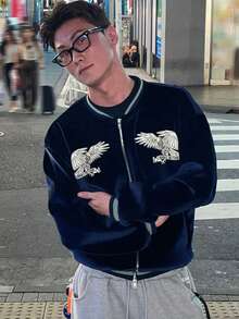 DAZY Autumn Velvet Fabric Embroidered Pattern Navy Blue Men's Jacket And Coat - Navy Blue - View 4