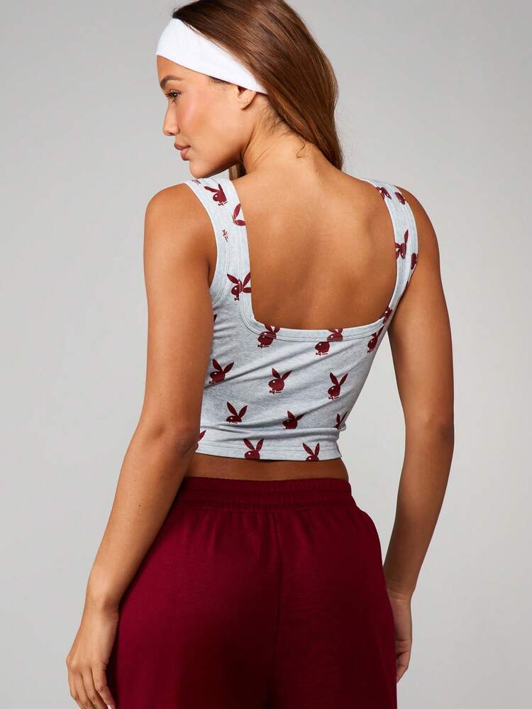 Missguided x Playboy Canotta con scollo quadrato e stampa di conigli su tutto il capo, top corto senza maniche, per uso casual estivo