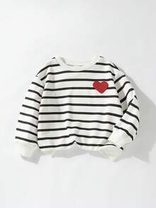 Maija Kids 女童条纹爱心图案圆领宽松休闲卫衣 - 黑與白 - 查看 1