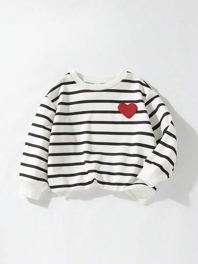 Maija Kids Young Girl Striped Heart Pattern Crew Neck Loose Casual Sweatshirt