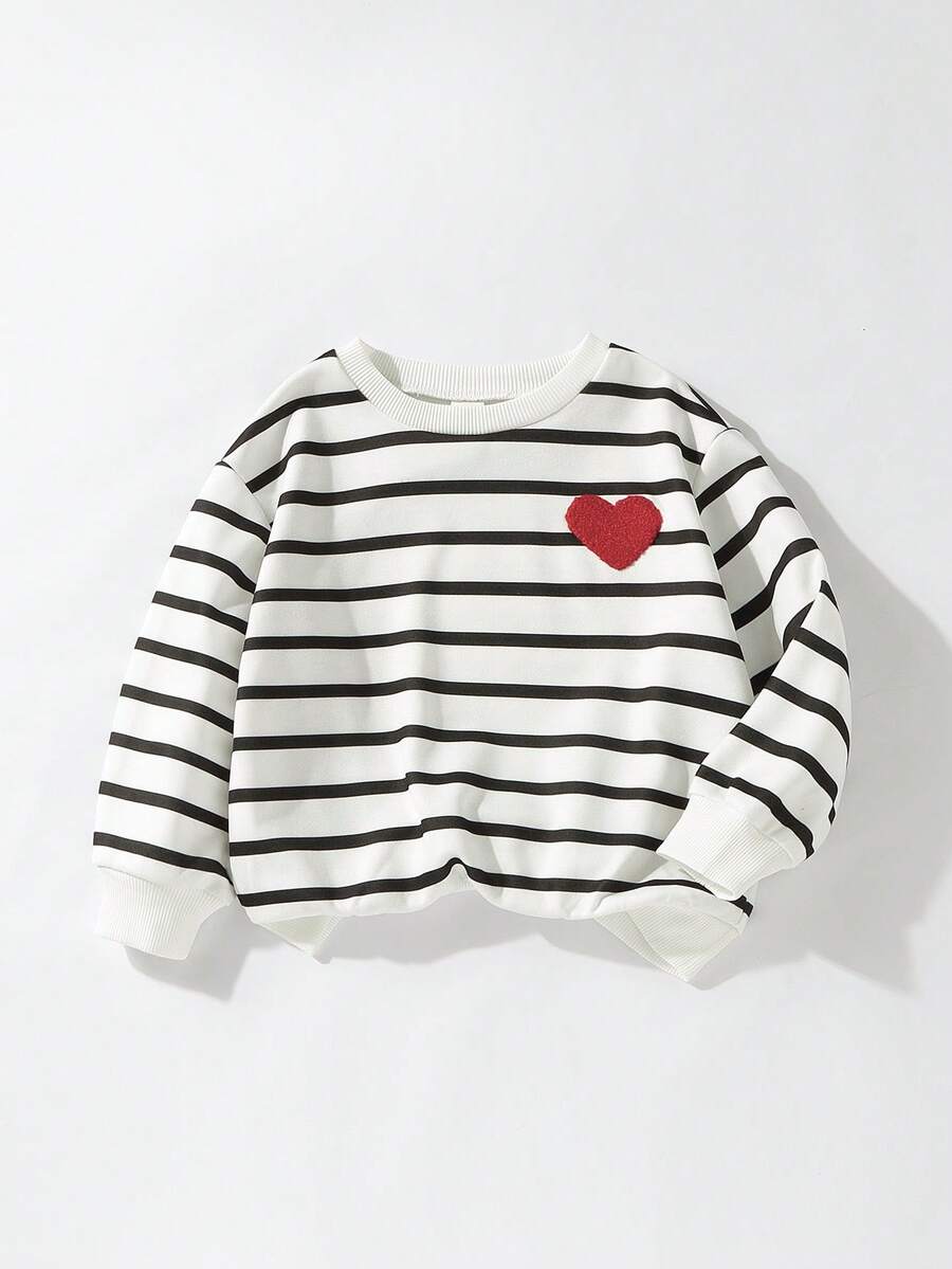 Maija Kids 女童条纹爱心图案圆领宽松休闲卫衣 - 黑與白 - 查看 1