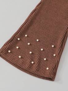 Everyday Casual Tween Girls Brown Knitted Top And Pant Set With Striped Pattern And Pearl Accents - Brown - View 8