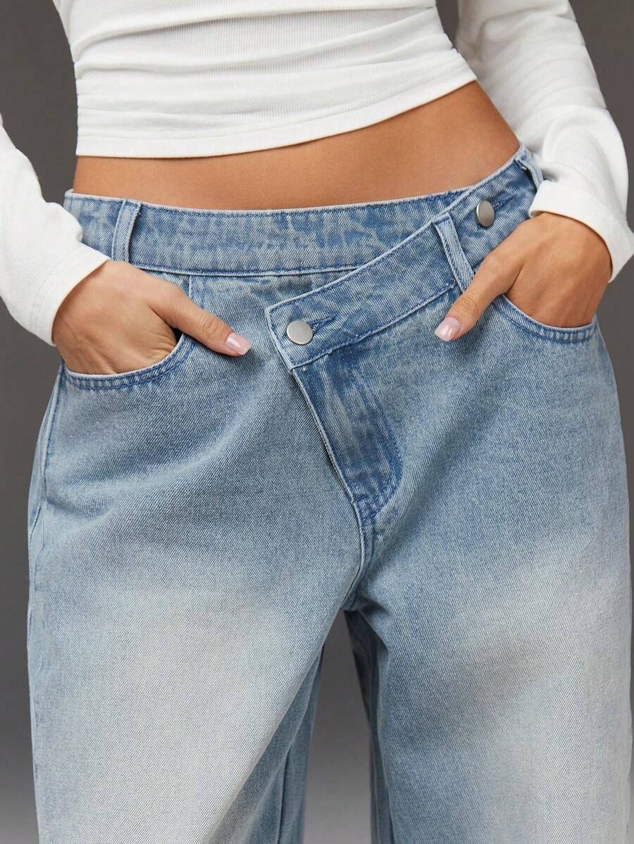 Athîral Women's Casual Commuting Daily Office Vacation Asymmetrical Wide Leg Jeans, Asymmetrical Waist Design, Blue Denim, Street Wear, Retro Wear, Outdoor Wear, Blue Pants - Light Wash - View 1