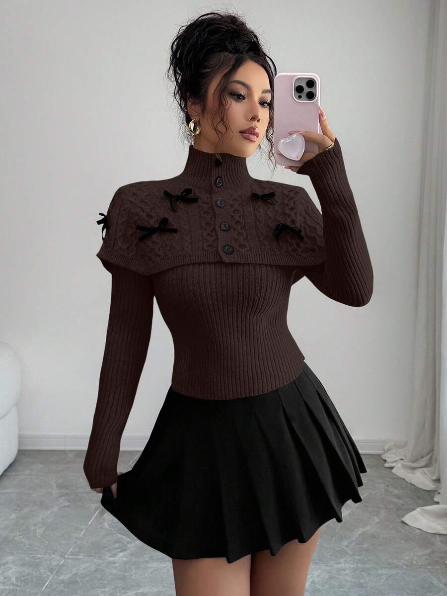 Elenzga Women's Mock Neck Bowknot Cape Sweater With Button Design - Coffee Brown - View 1