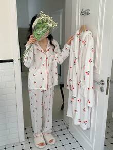 3件套少女樱桃印花长袖开衫套装 & 毛绒樱桃印花长袖睡袍 - 彩色 - 查看 1
