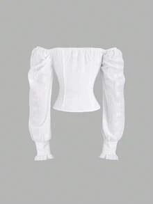 Sweetra 女士必备性感蝴蝶结刺绣饰边露肩修身短袖上衣 - 白色 - 查看 2