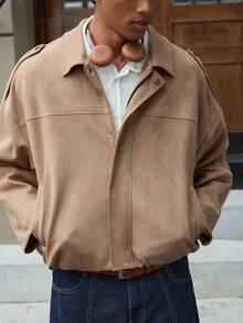 SWAVVY Men's Brown Suedette Short Length Long Sleeve Jacket - Brown - View 1