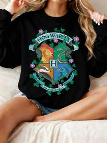 HARRY POTTER X SHEIN Tween Girl Casual Pattern Long Sleeve Crew Neck Sweatshirt, Suitable For Autumn/Winter - Black - View 4