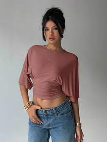 Aloruh 女士休闲纯色短款腰部T恤 - 粉色 - 查看 5