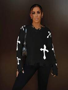 SAYEHFBABY Women's Casual Cross Pattern Distressed Sweater, Autumn/Winter Knit Pullover Fall Outfit - Black - View 4