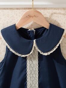 Souflis Souflis Toddler Girls' Sleeveless Ruffle Collar A-Line Hem Cute Navy Blue Dress, Summer