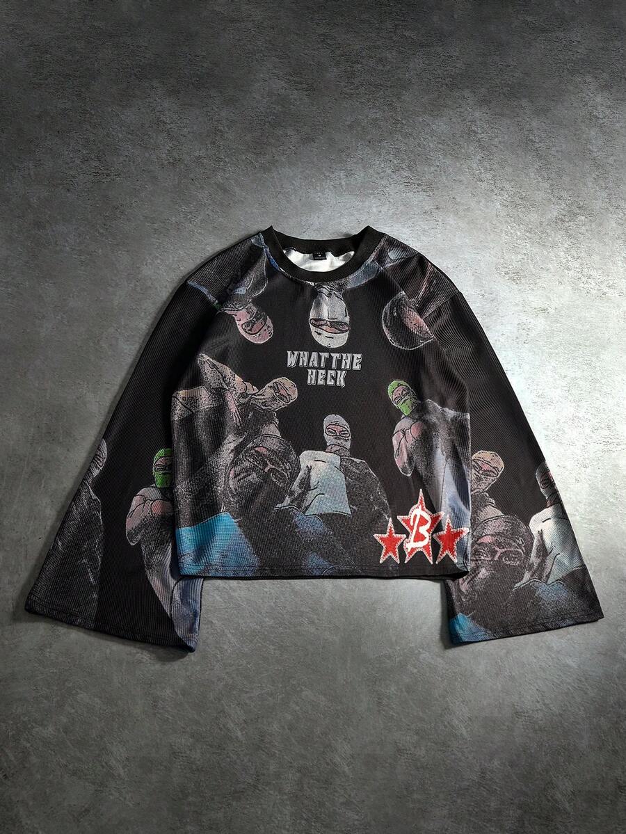 Manfinity EMRG Manfinity Streetrush Men's Street Style Long Sleeve T-Shirt With Digital Printing Of Angel Blowing Bubble Gum Pattern, Cropped Graphic T-Shirt, Graphic Crop Tops Men, Oversized Crop Printed, Crop Top Graphic Tee, Goth Shirt, 2000s Style, For Fall - Black - View 1