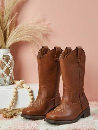 Mini mi Botas vaqueras de media pantorrilla de cuero vegano premium en color tostado con puntera cuadrada, lengüeta de fácil colocación y tacón bajo cuadrado para niños #LittleRider - Diseño con costuras clásicas para aventuras y estilo cotidianos