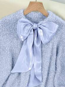 Franclia Women's Light Blue Elegant Everyday Autumn Sweater Dress,Plus Size Ribbon Tie Bow Round Neck Long Raglan Sleeves Floral Yarn Knitted Mini Pullover - Blue - View 4