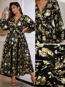 Cravure Women's V-Neck Waist Ruched Metallic Dress, Lantern Sleeve Random Print Belted Long Dress - Black - View 1
