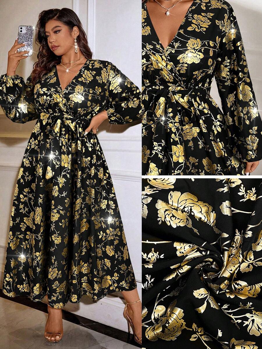 Cravure Women's V-Neck Waist Ruched Metallic Dress, Lantern Sleeve Random Print Belted Long Dress - Black - View 1