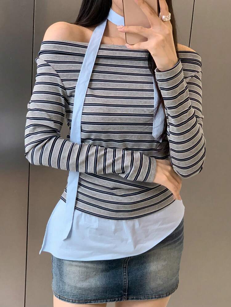 Women's Off-Shoulder Tie Decor Fitted Contrast Color Long Sleeve T-Shirt