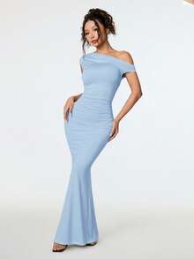 SHEIN PETITE 夏季服装、日常约会及旅行穿搭、派对穿搭、优雅女士内衣、外出穿搭、斜肩不对称超长鱼尾连衣裙、夜店女士穿搭、约会穿搭、宴会礼服 - 淺藍色 - 查看 7
