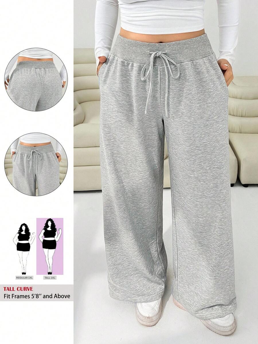 SHEIN Tall CURVE Plus Size Comfortable And Casual Plain Knitted Low-Rise Wide-Leg Women's Sweatpants,Fall,Winter,Back To School,Warm - Light Grey - View 1