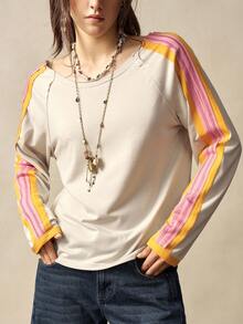 Bohemela 休闲针织撞色插肩袖长袖圆领宽松露背女式T恤 - 彩色 - 查看 2