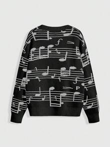 ROMWE Women's Retro Musical Note & Treble Clef Jacquard Knit Sweater - Black - View 2