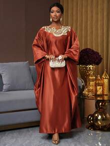 SHEIN Ladiora Women's Brown Collar Floral Lace Batwing Sleeve Midi Dress, Luxurious For Party, Autumn/Winter - Brown - View 6