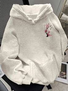 Resyla Women's Casual Everyday Commute Floral & Butterfly Print Kangaroo Pocket Dropped Shoulder Loose Drawstring Hooded Warm Fleece Sweatshirt, Autumn/Winter - Light Grey - View 2