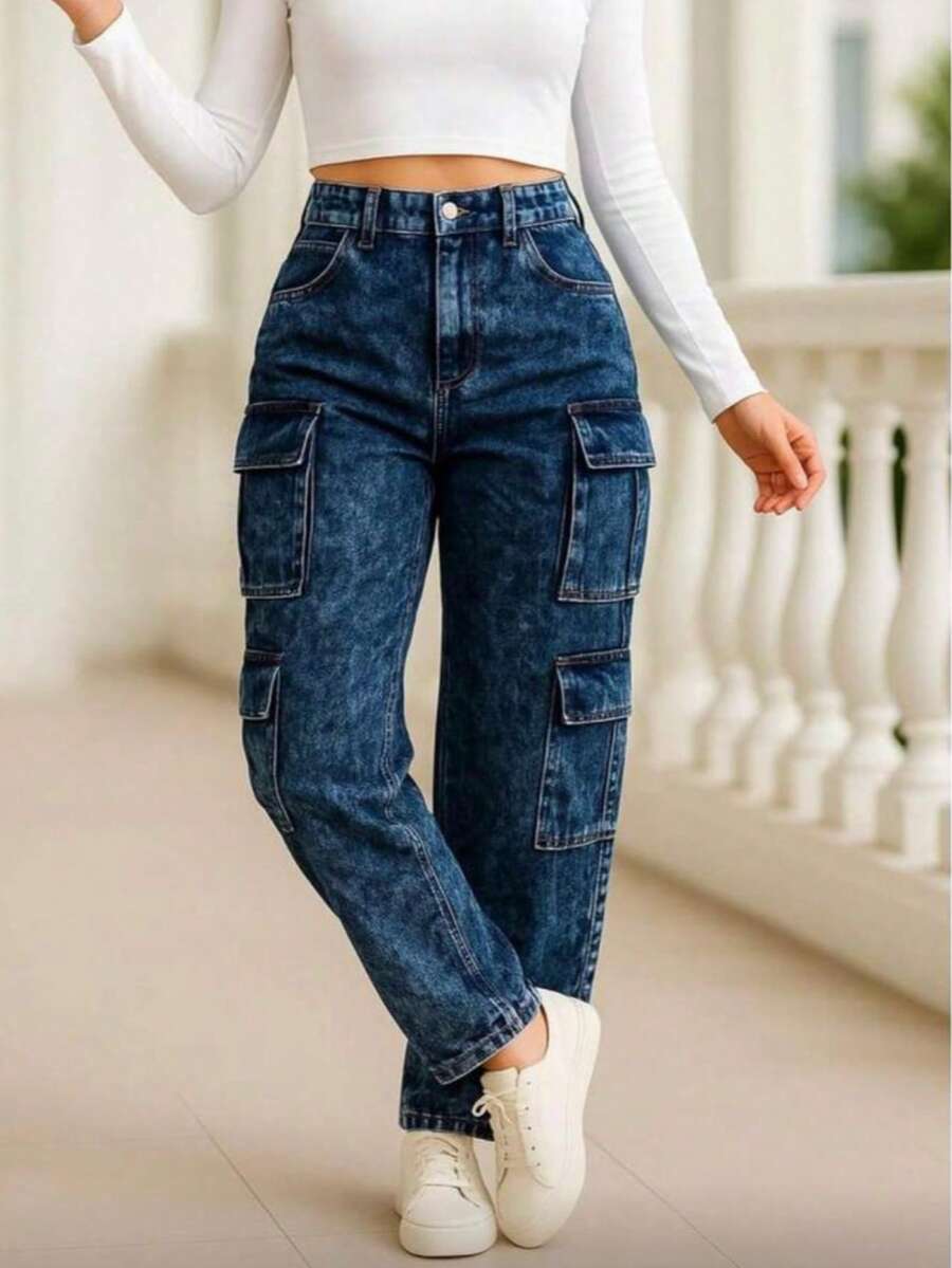 Pantalón de Mezclilla de Cargo.  Cómodo y Versátil.  Mezclilla Elástica. - Azul Oxidado - Ver 1