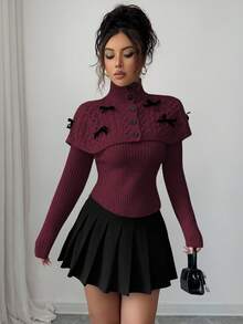 Elenzga Autumn/Winter Fashion Mock Neck Bowknot Decor Cape Sweater - Burgundy - View 4