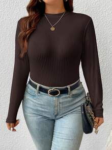 SHEIN Frenchy Áo thun cổ bẻ dệt kim gân trơn Plus - Cà phê nâu - Xem 1